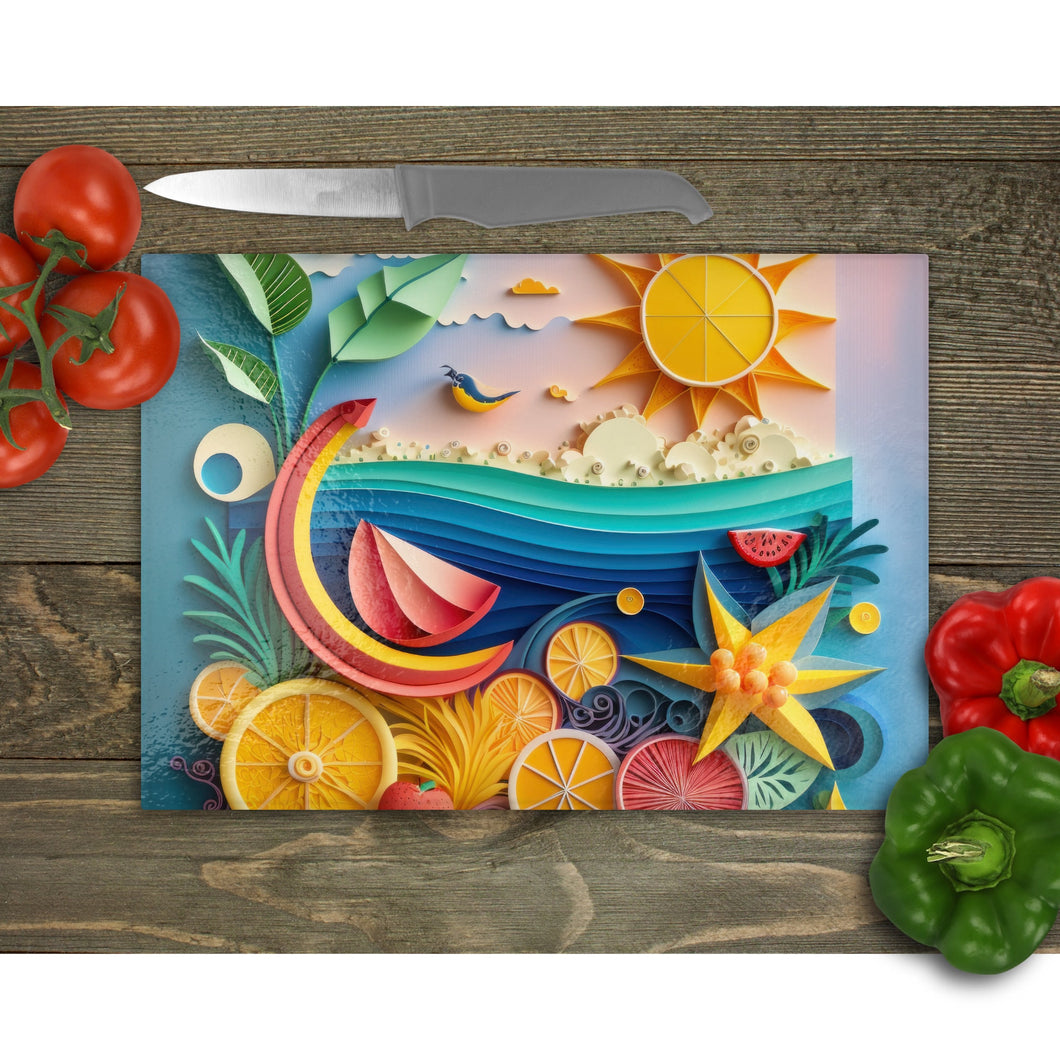Tropical Summer Tempered Glass Chopping Board, Glass Placemats, outside dining, New home gift, worktop saver, stained glass image