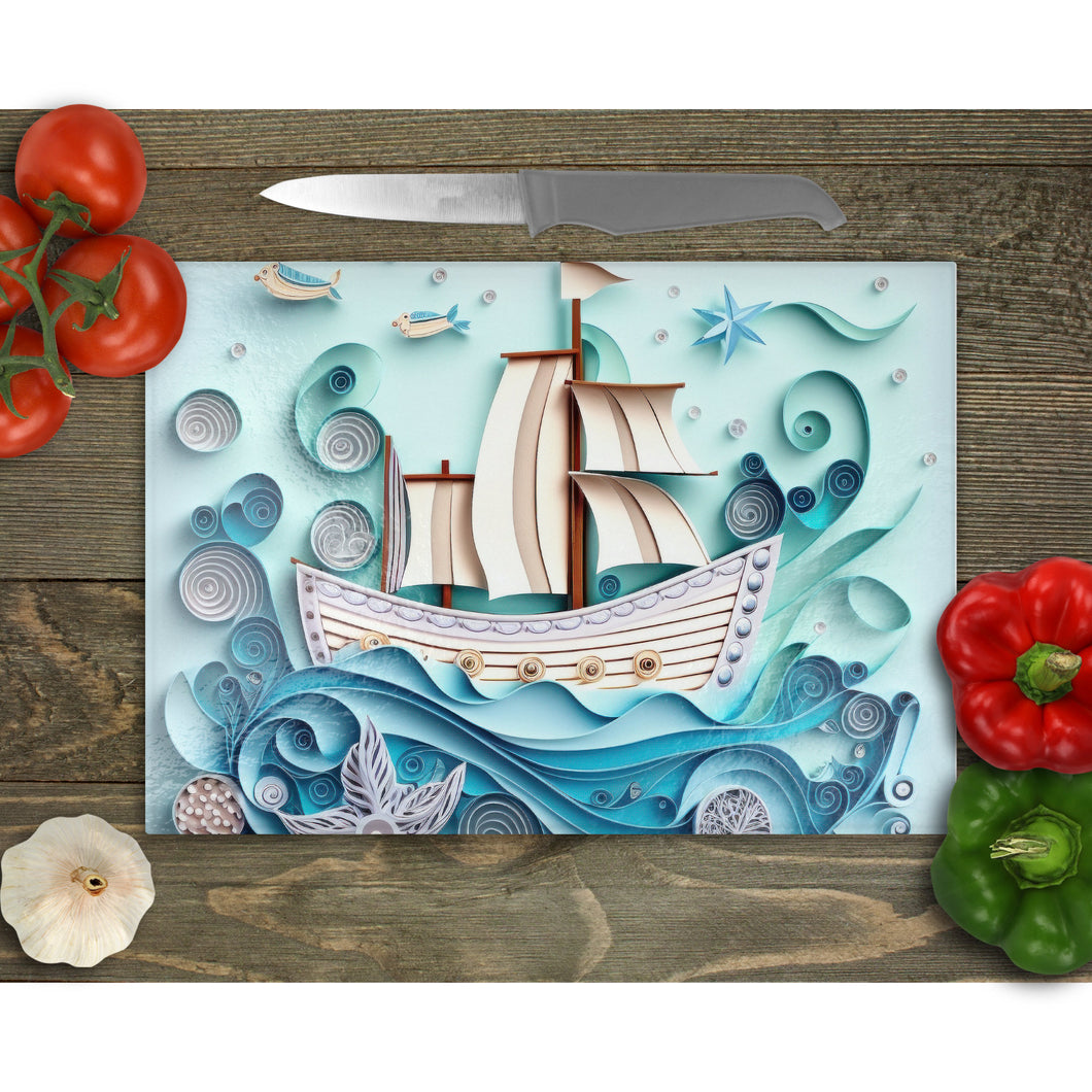 Sailing Boat Tempered Glass Chopping Board, Glass Placemats, outside dining, New home gift, worktop saver, stained glass image