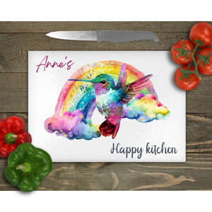 Personalised rainbow hummingbird Tempered Glass Chopping Board, outside dining, housewarming gift, worktop saver, stained glass image