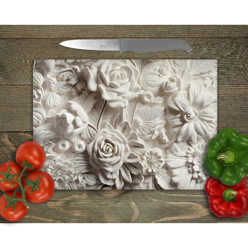 3D White Roses Tempered Glass Chopping Board - Gift Affair