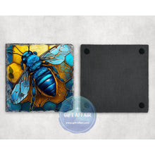 Load image into Gallery viewer, Blue Bee coasters, bee happy gift, home and garden decor, letter box gift, mdf, slate coasters