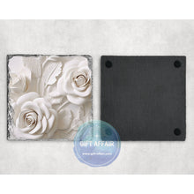 Load image into Gallery viewer, White roses coasters, 3d effect gift, home and garden decor, letter box gift, mdf, slate coasters