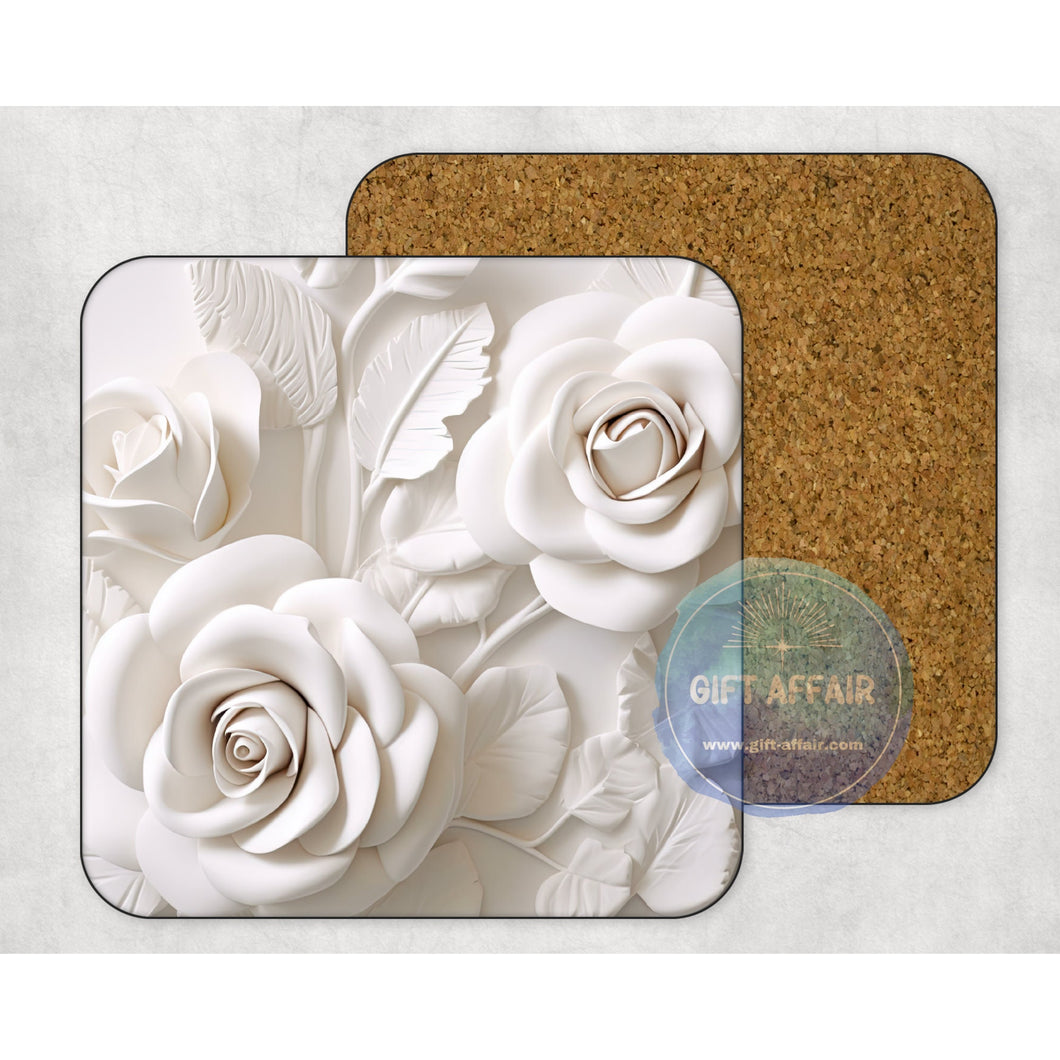 White roses coasters, 3d effect gift, home and garden decor, letter box gift, mdf, slate coasters