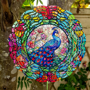 Floral Peacock Hanging Wind Spinner Ornament for Indoor Outdoor Garden Yard Window Porch Front Door Decoration