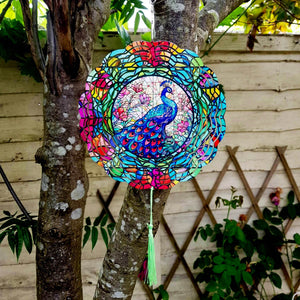 Floral Peacock Hanging Wind Spinner Ornament for Indoor Outdoor Garden Yard Window Porch Front Door Decoration