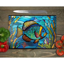 Load image into Gallery viewer, Blue Fish Tempered Glass Chopping Board, Glass Placemats, outside dining, housewarming gift, worktop saver