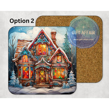 Load image into Gallery viewer, Vintage gingerbread house Christmas coasters, stained glass effect gift, home and garden decor, Secret Santa letter box gift, mdf coasters