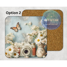 Load image into Gallery viewer, Vintage photo camera mdf coasters, retro floral gift, home and garden decor, letter box gift for photography lover