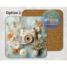 Load image into Gallery viewer, Vintage photo camera mdf coasters, retro floral gift, home and garden decor, letter box gift for photography lover