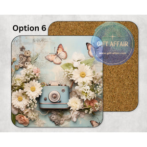 Vintage photo camera mdf coasters, retro floral gift, home and garden decor, letter box gift for photography lover