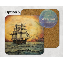 Load image into Gallery viewer, Vintage ship mdf coasters, retro sailing boat coasters, home and garden decor, letter box gift for sea, ocean, sailing lover