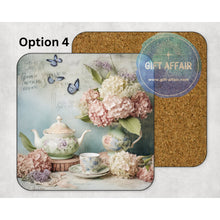 Load image into Gallery viewer, Vintage afternoon tea mdf coasters, retro tea coasters, home and garden decor, letter box gift friends, family retro lovers