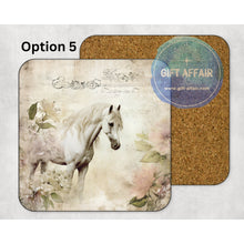 Load image into Gallery viewer, Vintage horses mdf coasters, retro floral coasters, home and garden decor, letter box gift friends, family, horses lovers gift, table decor