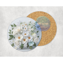 Load image into Gallery viewer, White flowers bouquet 3d effect coasters, home and garden decor, letter box gift, mdf, slate coasters, flowers lover gift