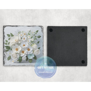 White flowers bouquet 3d effect coasters, home and garden decor, letter box gift, mdf, slate coasters, flowers lover gift