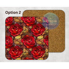 Load image into Gallery viewer, Stained glass effect roses coasters, home and garden decor, letter box gift, mdf, slate coasters, tea coffee coasters, new home gift