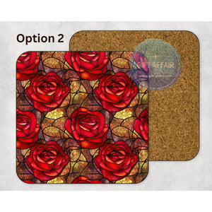 Stained glass effect roses coasters, home and garden decor, letter box gift, mdf, slate coasters, tea coffee coasters, new home gift