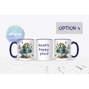 Personalised beach hut mug, 11oz navy handle mug for hot drinks, Birthday gift, Happy place mug gift, keepsake, 4 patterns