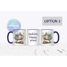 Load image into Gallery viewer, Personalised beach hut mug, 11oz navy handle mug for hot drinks, Birthday gift, Happy place mug gift, keepsake, 4 patterns