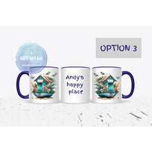 Load image into Gallery viewer, Personalised beach hut mug, 11oz navy handle mug for hot drinks, Birthday gift, Happy place mug gift, keepsake, 4 patterns
