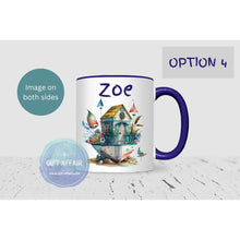 Load image into Gallery viewer, Personalised beach hut mug, 11oz navy handle mug for hot drinks, Birthday gift, sea lover mug gift for boy or girl, keepsake, 4 patterns