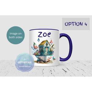 Personalised beach hut mug, 11oz navy handle mug for hot drinks, Birthday gift, sea lover mug gift for boy or girl, keepsake, 4 patterns