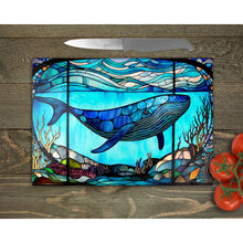 Load image into Gallery viewer, Blue Whale Glass Chopping Board, Tempered Glass Placemats, outside dining, housewarming gift, worktop saver, stained glass image board