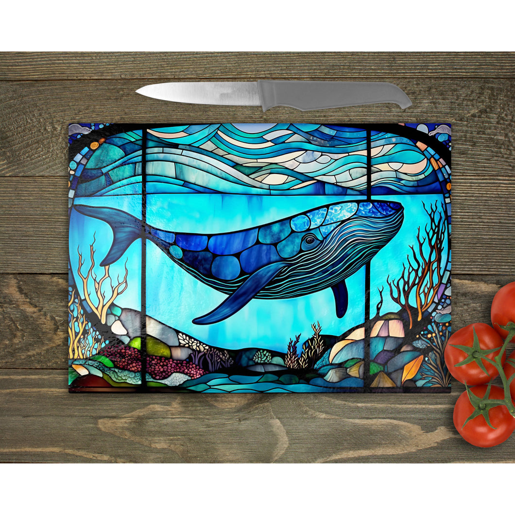 Blue Whale Glass Chopping Board, Tempered Glass Placemats, outside dining, housewarming gift, worktop saver, stained glass image board