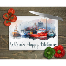 Load image into Gallery viewer, Nautical Glass Chopping Board Personalised, outside dining, housewarming gift, worktop saver, sea lover home decor gift, sea ship harbour