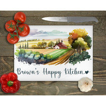 Load image into Gallery viewer, Glass Chopping Board Personalised, outside dining, housewarming gift, worktop saver, rural landscape countryside cottage