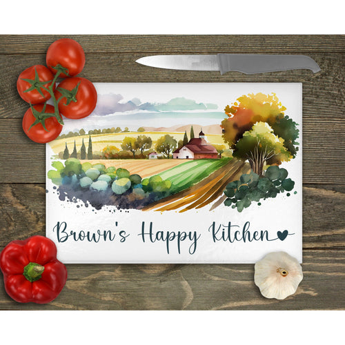 Glass Chopping Board Personalised, outside dining, housewarming gift, worktop saver, rural landscape countryside cottage