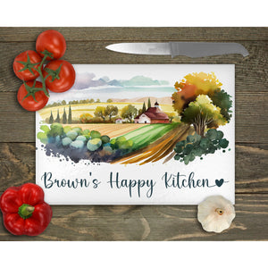 Glass Chopping Board Personalised, outside dining, housewarming gift, worktop saver, rural landscape countryside cottage