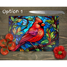 Load image into Gallery viewer, Red Cardinal Glass Chopping Board, Glass Placemats, outside dining, housewarming gift, worktop saver, stained glass image, 3 options