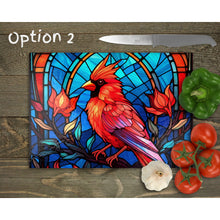 Load image into Gallery viewer, Red Cardinal Glass Chopping Board, Glass Placemats, outside dining, housewarming gift, worktop saver, stained glass image, 3 options