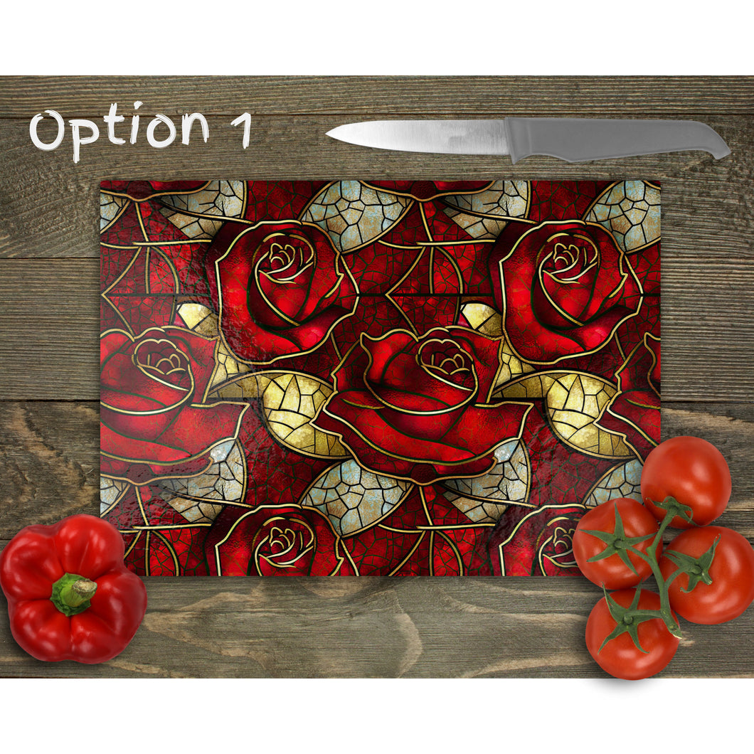 Red Roses Glass Chopping Board, Glass Placemats, outside dining, housewarming gift, worktop saver, stained glass image, 3 options