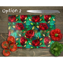 Load image into Gallery viewer, Red Roses Glass Chopping Board, Glass Placemats, outside dining, housewarming gift, worktop saver, stained glass image, 3 options