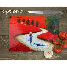 Load image into Gallery viewer, Girl on bicycle Glass Chopping Board, Glass Placemats, outside dining, housewarming gift, worktop saver, floral image, 2 options