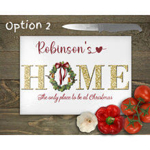 Load image into Gallery viewer, Christmas Home Glass Chopping Board personalised, Glass Placemats, outside dining, housewarming gift, worktop saver, floral image, 2 options