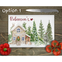 Load image into Gallery viewer, Christmas House Personalised Glass Chopping Board, Glass Placemats, tableware decor, housewarming festive gift, worktop saver, 4 options