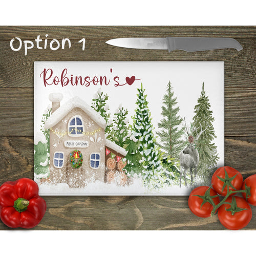 Christmas House Personalised Glass Chopping Board, Glass Placemats, tableware decor, housewarming festive gift, worktop saver, 4 options