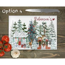 Load image into Gallery viewer, Christmas House Personalised Glass Chopping Board, Glass Placemats, tableware decor, housewarming festive gift, worktop saver, 4 options