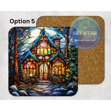 Load image into Gallery viewer, Vintage gingerbread house Christmas coasters, stained glass effect gift, home and garden decor, Secret Santa letter box gift, mdf coasters