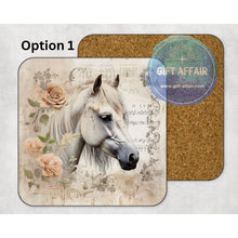 Load image into Gallery viewer, Vintage horses mdf coasters, retro floral coasters, home and garden decor, letter box gift friends, family, horses lovers gift, table decor