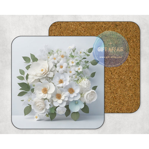 White flowers bouquet 3d effect coasters, home and garden decor, letter box gift, mdf, slate coasters, flowers lover gift