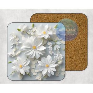 White flowers 3d effect coasters, home and garden decor, letter box gift, mdf, slate coasters, flowers lover gift, tea coffee coasters