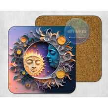 Load image into Gallery viewer, Sun and Moon 3d effect coasters, home and garden decor, letter box gift, mdf, slate coasters, tea coffee coasters, love coasters