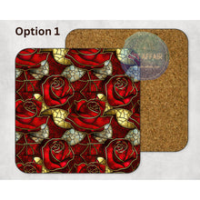 Load image into Gallery viewer, Stained glass effect roses coasters, home and garden decor, letter box gift, mdf, slate coasters, tea coffee coasters, new home gift