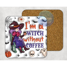 Load image into Gallery viewer, Witch inflated 3d effect coasters, home and garden decor, letter box gift, mdf, slate coasters, tea coffee coasters, Halloween coasters