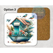 Load image into Gallery viewer, Beach hut coasters, home and garden decor, letter box gift, mdf, slate coasters, tea coffee coasters, new home gift, beach sea lover gift