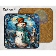 Load image into Gallery viewer, Snowman stained glass effect winter Christmas coasters, home and garden decor, letter box gift, mdf coasters, 8 patterns, Secret Santa gift